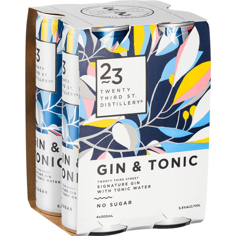 Pack of 23 Twenty Third St. Distillery Gin & Tonic cans with colorful design