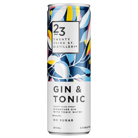 Can of 23 Twenty Third St. Distillery Gin & Tonic with colorful design on a white background