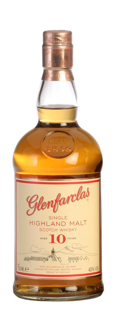 Glenfarclas 10-year-old single malt Scotch whisky bottle on a white background