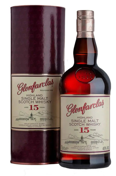 Glenfarclas 15-year-old Highland Single Malt Scotch Whisky bottle and box on a white background