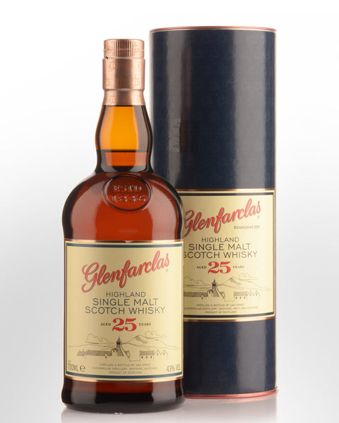 Glenfarclas 25-year-old single malt Scotch whisky bottle and packaging on a white background
