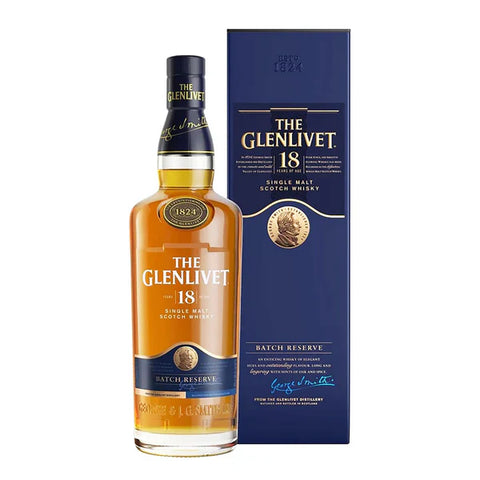 The Glenlivet 18 Year Old Batch Reserve bottle and packaging on white background