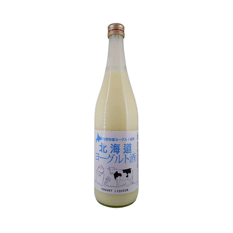 Bottle of yogurt liqueur with a white label on a white background