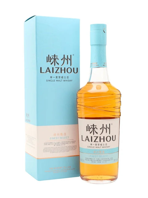 Laizhou single malt whisky bottle and box on a white background