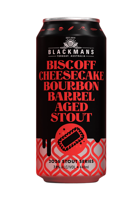 Sessions Box Hill Blackmans Biscoff C/Cake Bourbon Aged Stout 7% 440mL on white background
