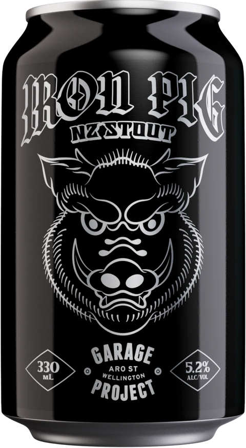 Sessions Box Hill Garage Project Iron Pig NZ Stout 5.2% 330mL on white background