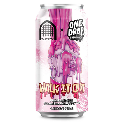 Sessions Box Hill One Drop Walk It Out Pink Lamington Cream Sour Ale 6.5% 440mL on white background