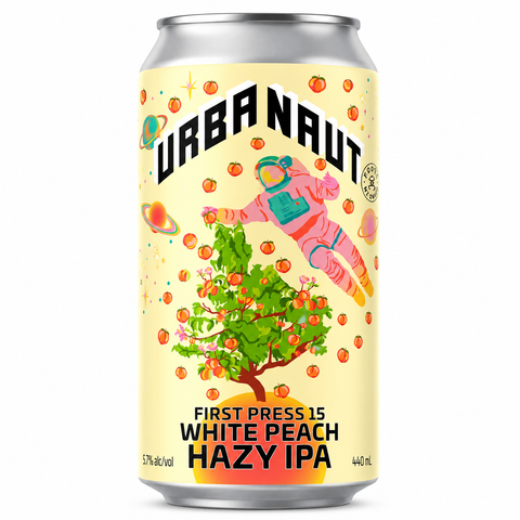 Sessions Box Hill Urbanaut FP15 White Peach Hazy IPA 5.7% 440mL on white background