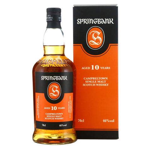 Springbank 10-year-old Campbeltown single malt Scotch whisky bottle and packaging on a white background