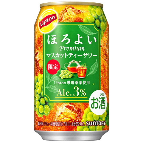 Suntory Horoyoi Lipton Muscat Tea Premix 3% 350mL on white background