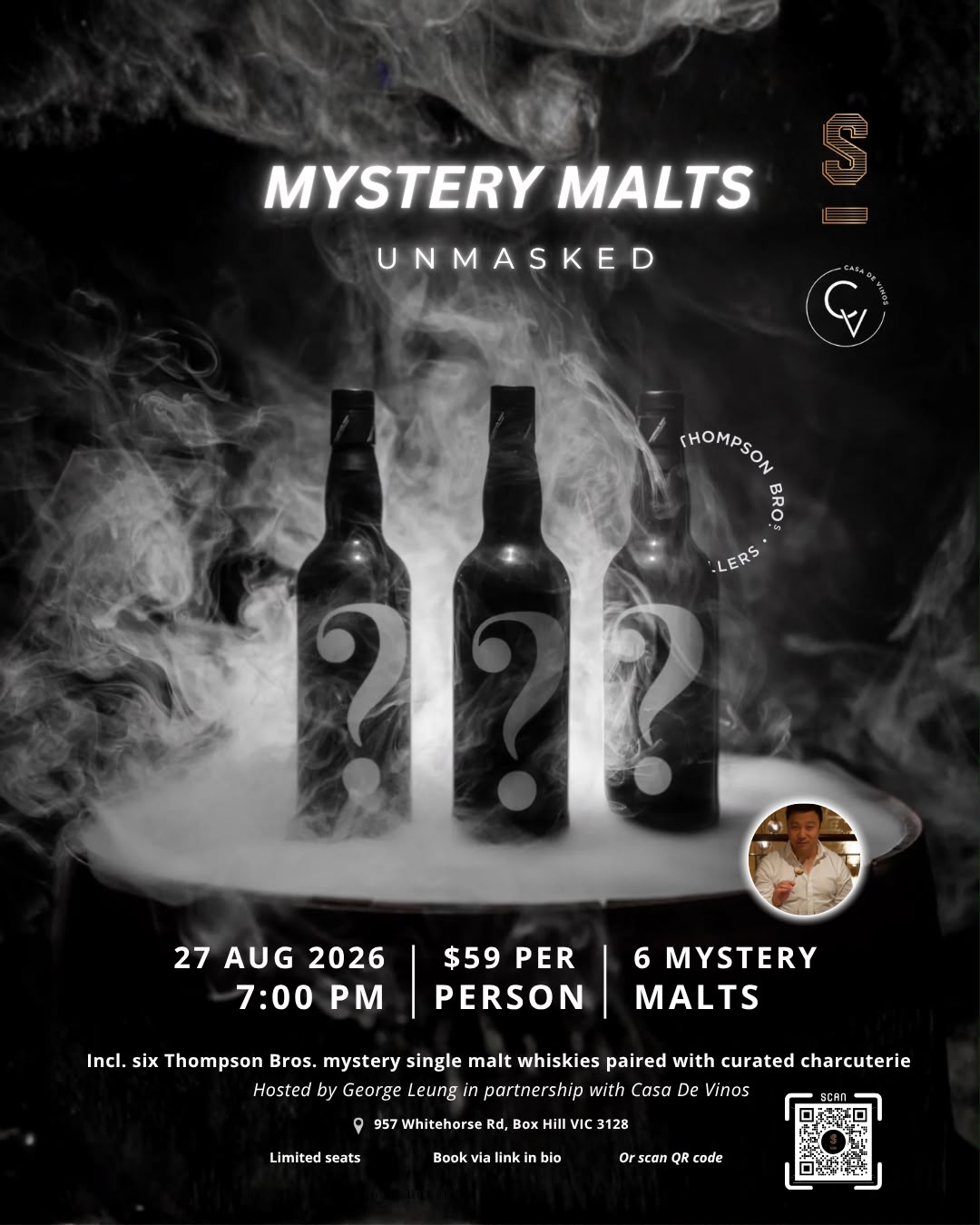 Promotional graphic for 'Mystery Malts Unmasked' featuring three black bottles with question marks, surrounded by dramatic smoke effects on a dark background. Text details the event date, time, price, and location, with a small circular photo and a QR code.