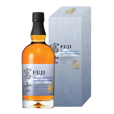 Fuji single blended Japanese whisky bottle and box on a white background