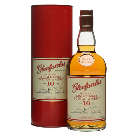 Glenfarclas Highland Single Malt Scotch Whisky bottle and red cylindrical box on a white background