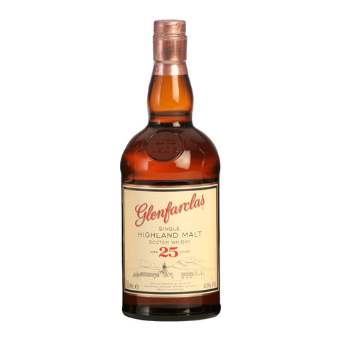 Glenfarclas 25-year-old Highland Malt Scotch Whisky bottle on a white background