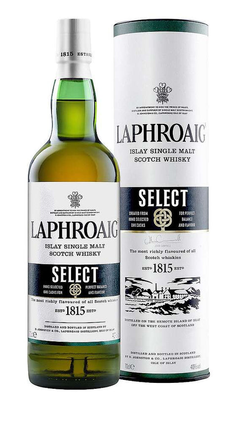 Laphroaig Select Islay Single Malt Scotch Whisky bottle and packaging on a white background