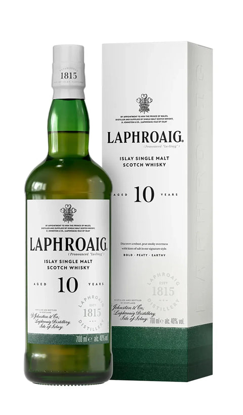 Laphroaig 10-year-old single malt Scotch whisky bottle and packaging on a white background
